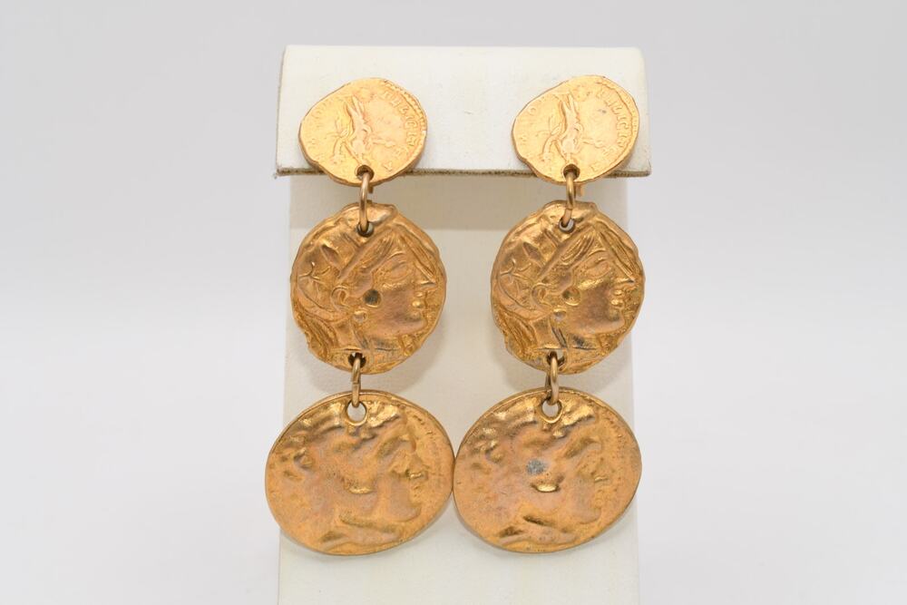 Vintage Castlecliff Roman Coin Dangle Earrings Gold Tone 3 Inch